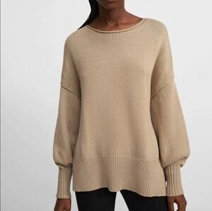 Theory Chunky Knit Oversized Cotton Slit Hem Rolled Neck Neutral Sweater - Large